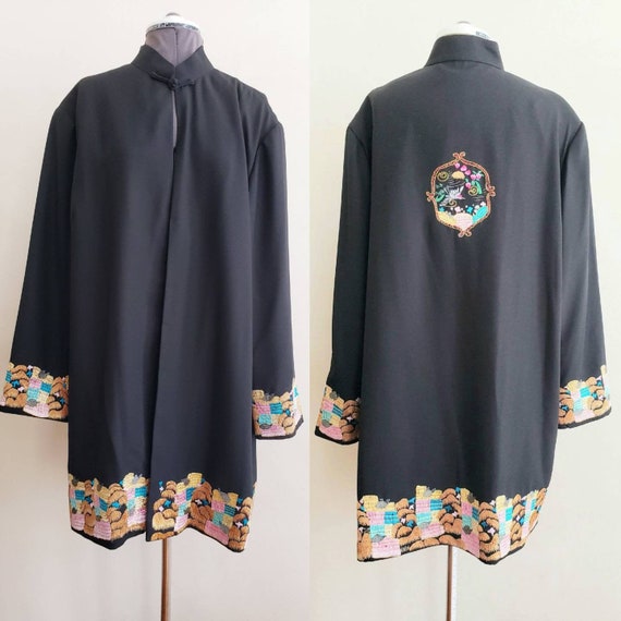 Vintage Black Mandarin Tunic with Colorful Embroid