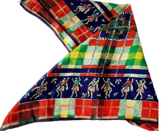 Vintage 40s Souvenir Scarf Scottish Dancers Plaid Pattern Highlander