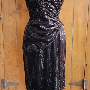 Vintage 80s Tadashi Strapless Dress Black Sequins Ruched Waist image 2