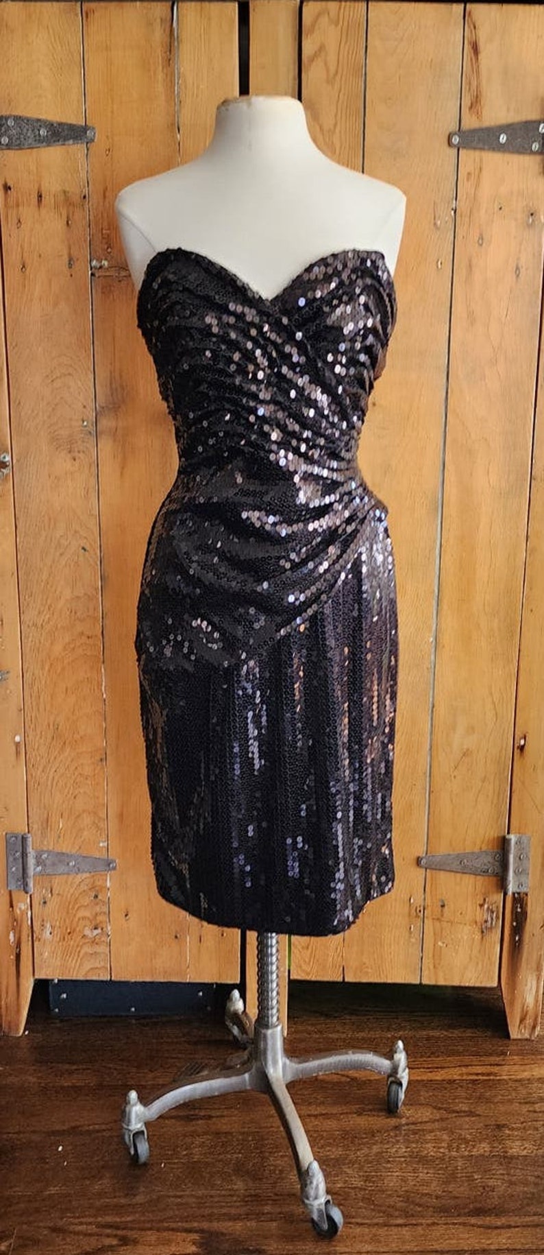 Vintage 80s Tadashi Strapless Dress Black Sequins Ruched Waist image 2