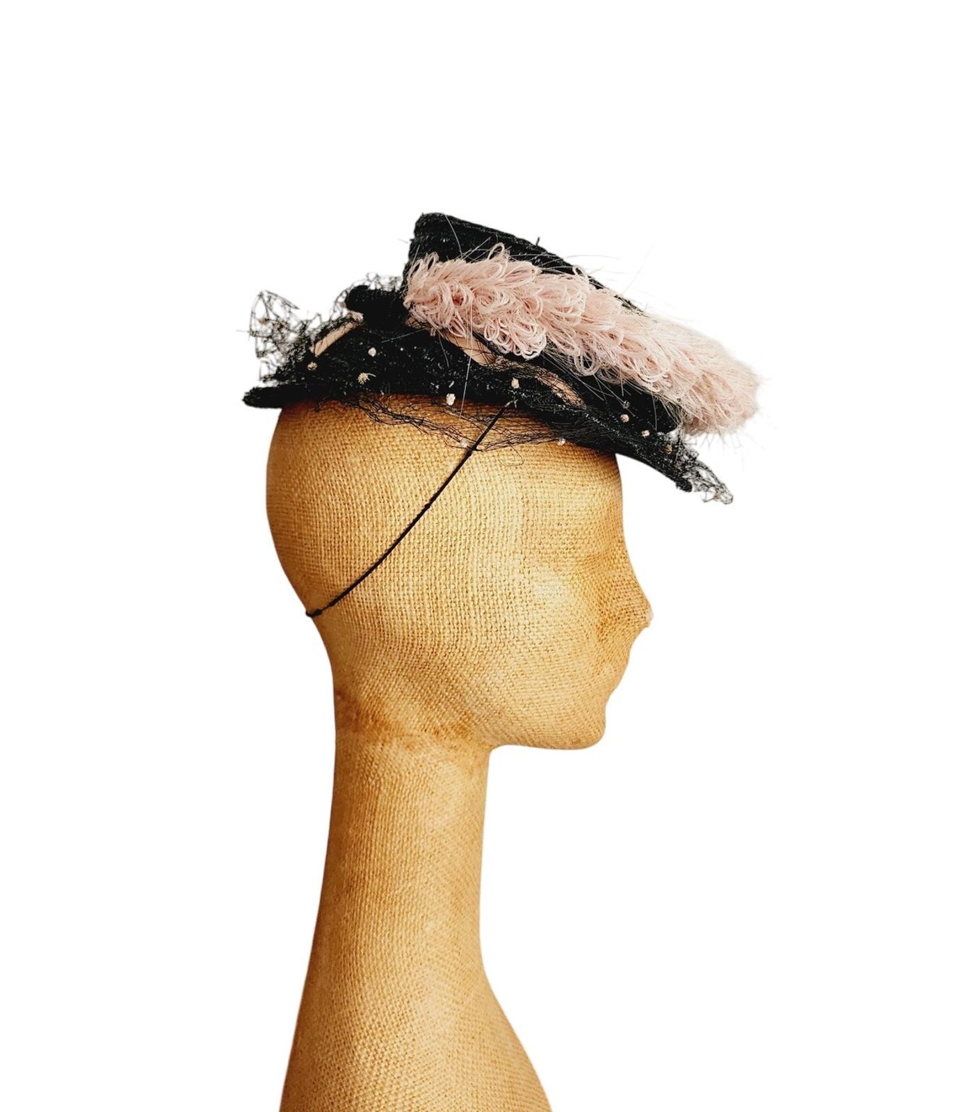 Vintage 40s Tilt Top Boater Hat Black Straw & Pink Trim