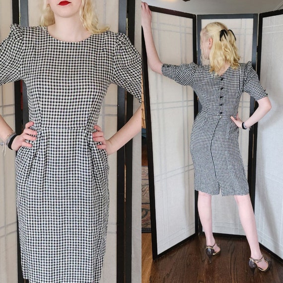 Vintage 80s UNGARO Checked Print Dress Back Butto… - image 2