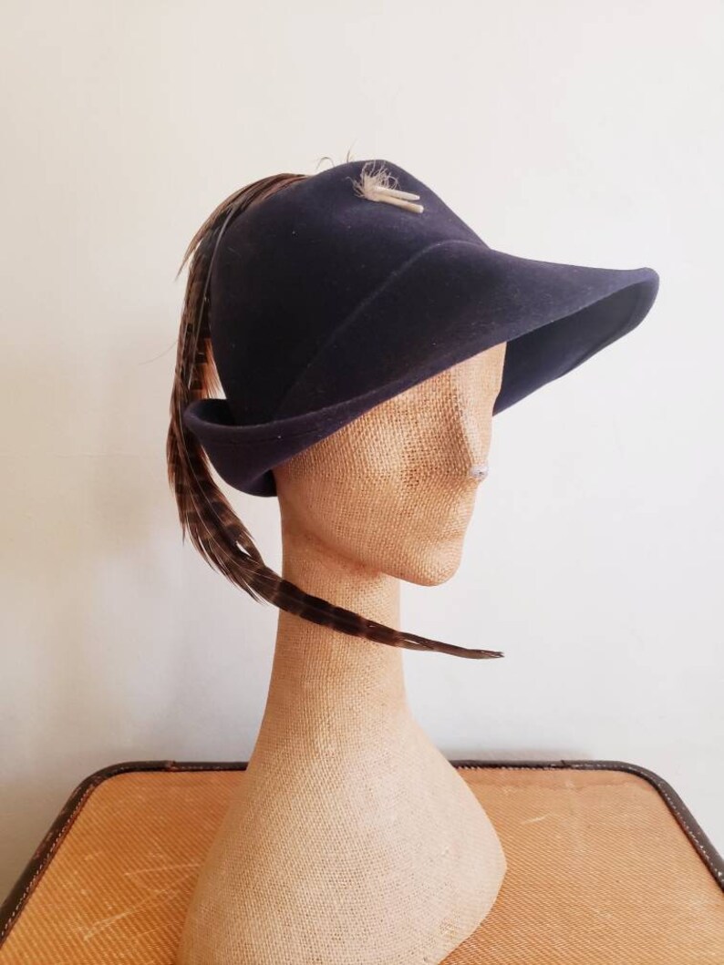 1970s Fedora Navy Blue Wool Large Brown Feather 70s Boho Style Wide Brimmed Hat Marshall Field Candace