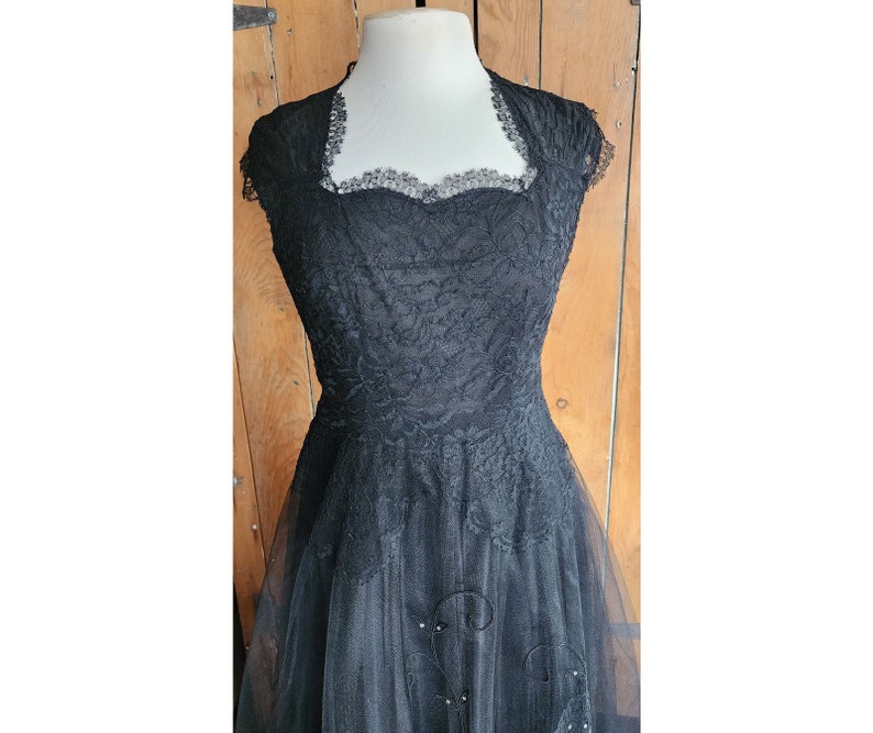 Vintage 50s Black Party Dress Tulle Lace Rhinestones M image 6