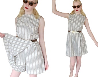 Vintage 60s Striped Romper Beige Black Belted