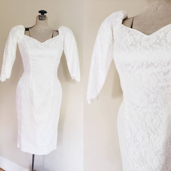 1980s Wedding Dress with Lace Dress / 80s Midi Len