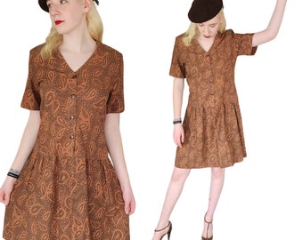 Vintage 60s Day Dress Drop Waist Brown Paisley Print