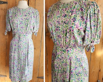 Vintage 80s Dress Floral Print Silk Norah Noh Monet Impressionist Pattern