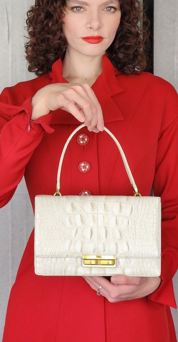 Vintage 60s Cream Handbag Faux Leather Granny Purs