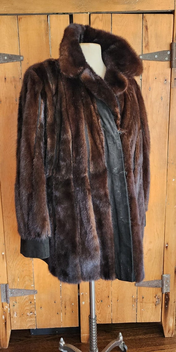 Vintage 70s Brown Mink Fur Jacket Black Suede Lac… - image 3