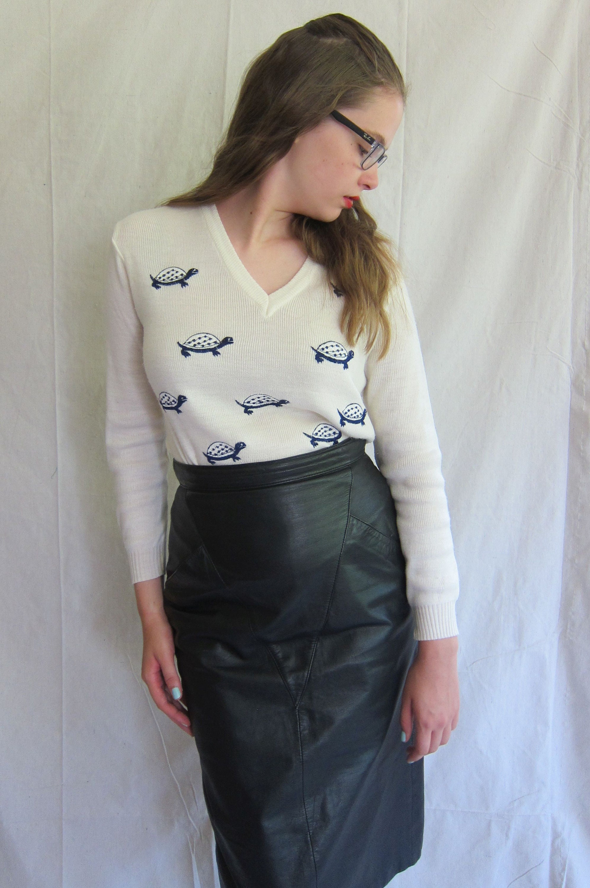 1980s Leather Skirt / 80s Black Leather High Waisted Skirt / Etsy