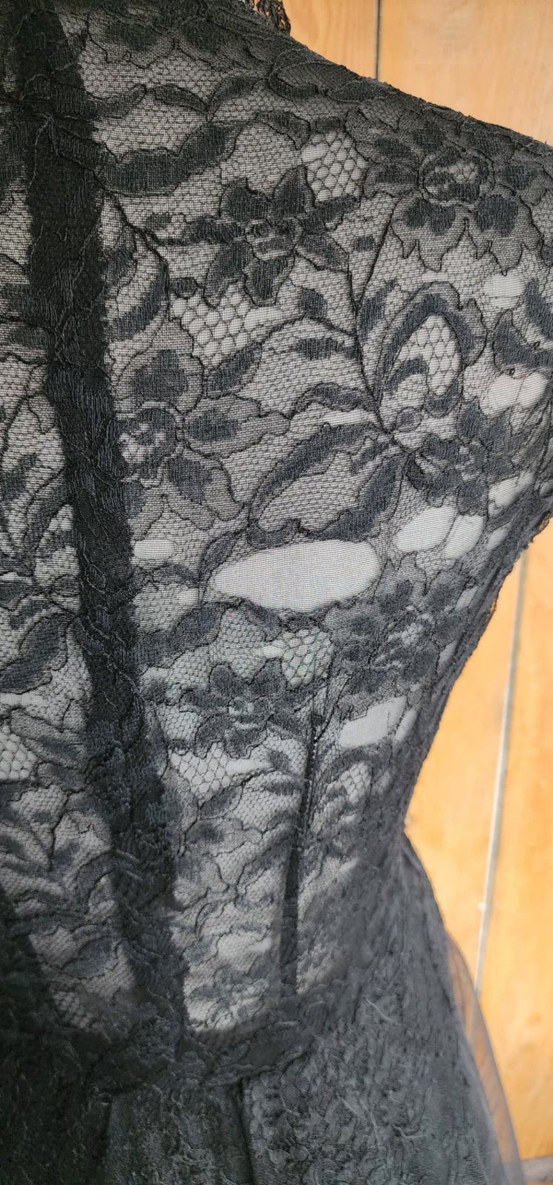 Vintage 50s Black Party Dress Tulle Lace Rhinestones M image 10