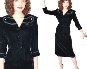 Vintage 50s Black Velvet Skirt Suit Gloria Swanson Forever Young