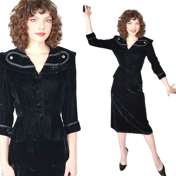 Vintage 50s Black Velvet Skirt Suit Gloria Swanso… - image 1