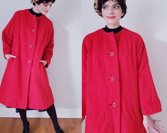 red collarless coat