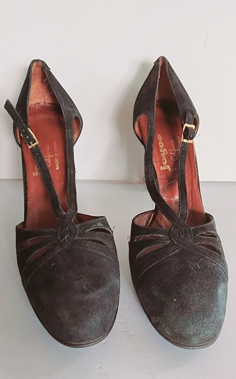 Vintage jaren '50 zwarte schoenen T-bandjes hoge hakken Joyce California maat 11 afbeelding 10