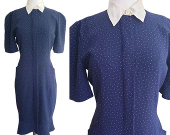 Vintage 80s Krizia Dress Navy Blue White Micro Dot Print White Collar