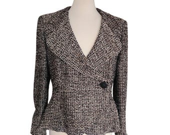 Vintage Armani Kavaj Grå Guld Bouclé Tweed Peplum Figurnära Jacka från 2000-talet / L