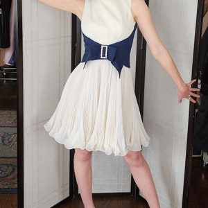 Vintage 60s Miss Elliette Party Dress Pleated Skirt Large Bow Ivory Navy Blue image 6