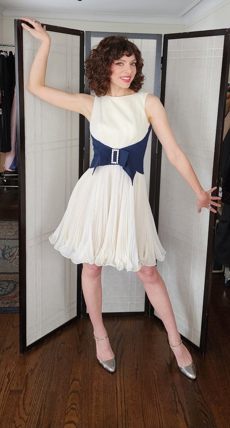 Vintage 60s Miss Elliette Party Dress Pleated Skirt Large Bow Ivory Navy Blue image 6