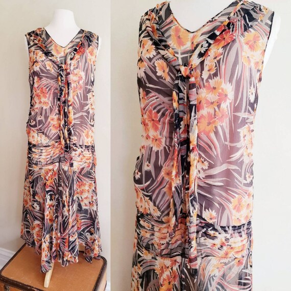 1920s Style Rayon Print Sleeveless Dress Multicolo