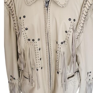 Vintage 80s White Leather Jacket SUNRIDERS Fringe, Studs & Bone Beads XXL image 4