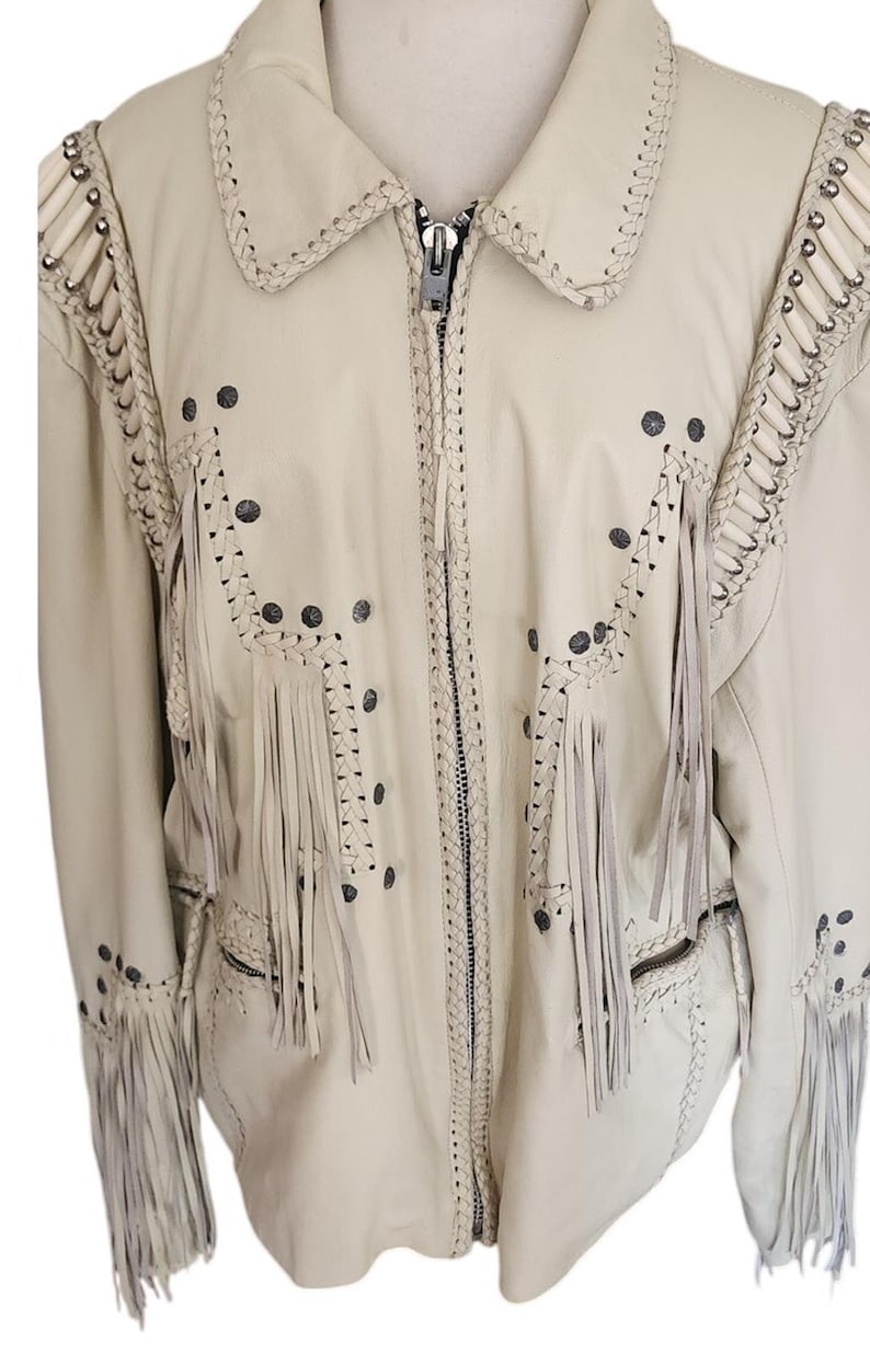 Vintage 80s White Leather Jacket SUNRIDERS Fringe, Studs & Bone Beads XXL image 4