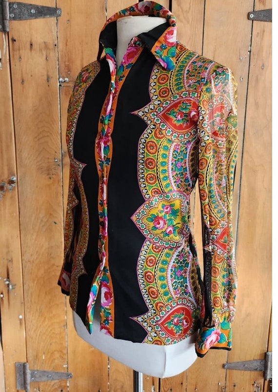 Vintage 70s Psychedelic Blouse Black Gold Button … - image 8