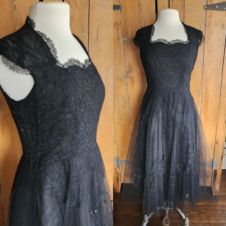 Vintage 50s Black Party Dress Tulle Lace Rhinestones M image 2