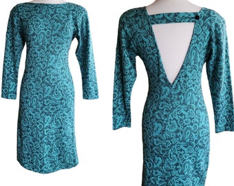 Vintage 80s Teal Blue Dress Black Floral Print, Keyhole Back