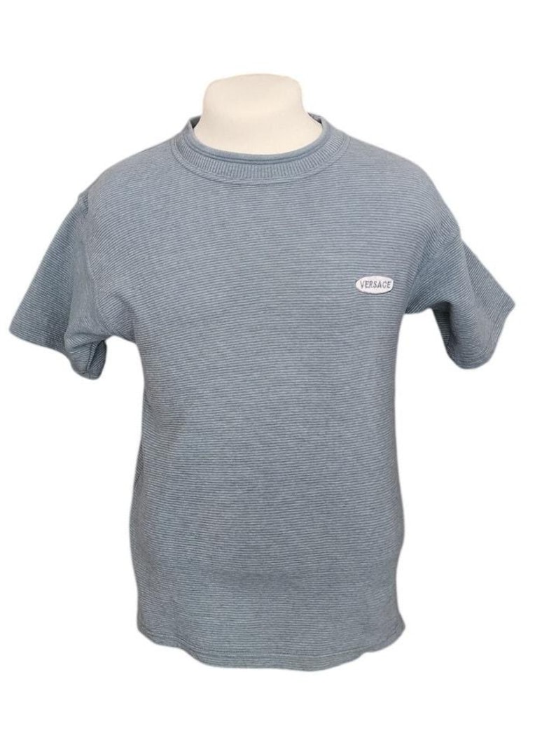 Camiseta masculina vintage Versace Classic V2 listrada em malha canelada, azul acinzentado, anos 90 imagem 1