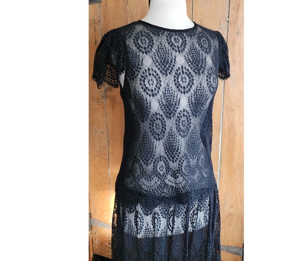 Vintage Black Lace Sheer Dress Drop Waist Short S… - image 2