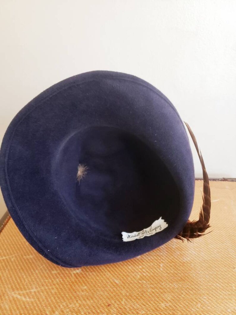 1970s Fedora Navy Blue Wool Large Brown Feather 70s Boho Style Wide Brimmed Hat Marshall Field Candace