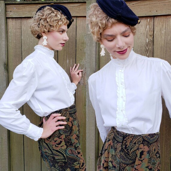 1980s White Long Sleeved Blouse Ruffled Front Ralp
