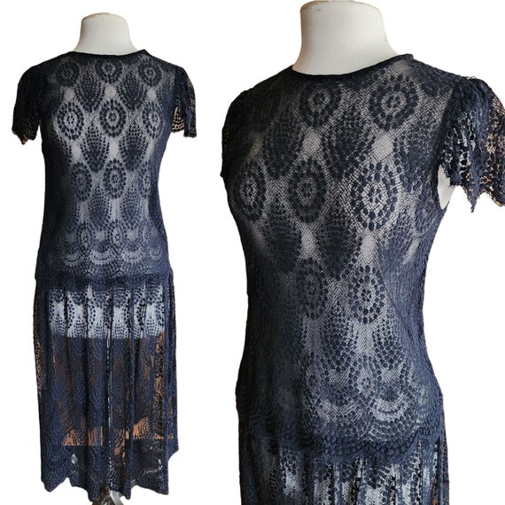 Vintage Black Lace Sheer Dress Drop Waist Short S… - image 1