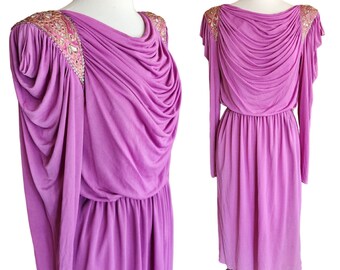 Vintage 80s Purple Evening Dress Grecian Drape Torso Beaded Shoulders Jonathan Hitchcock