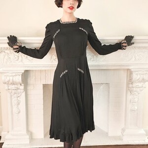 Vintage 40s Black Rayon Cocktail Dress with Cream Embroidery Medium image 3