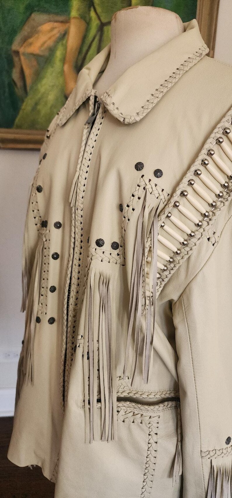 Vintage 80s White Leather Jacket SUNRIDERS Fringe, Studs & Bone Beads XXL image 9