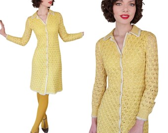 Vintage 60s Yellow Knit Dress Button Down Front Handmade France