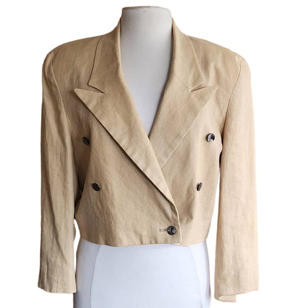 Vintage 80s Beige Linen Blazer Cropped Jacket Mars
