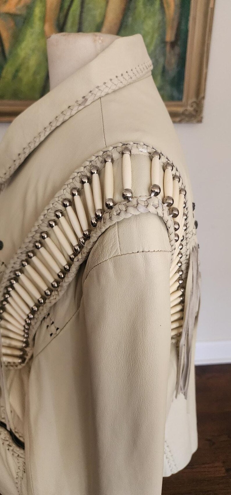 Vintage 80s White Leather Jacket SUNRIDERS Fringe, Studs & Bone Beads XXL image 11