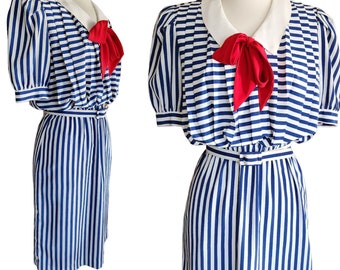 Vintage 80s Nautical Striped Dress Sailor Collar Red Pussycat Bow Charles Alan