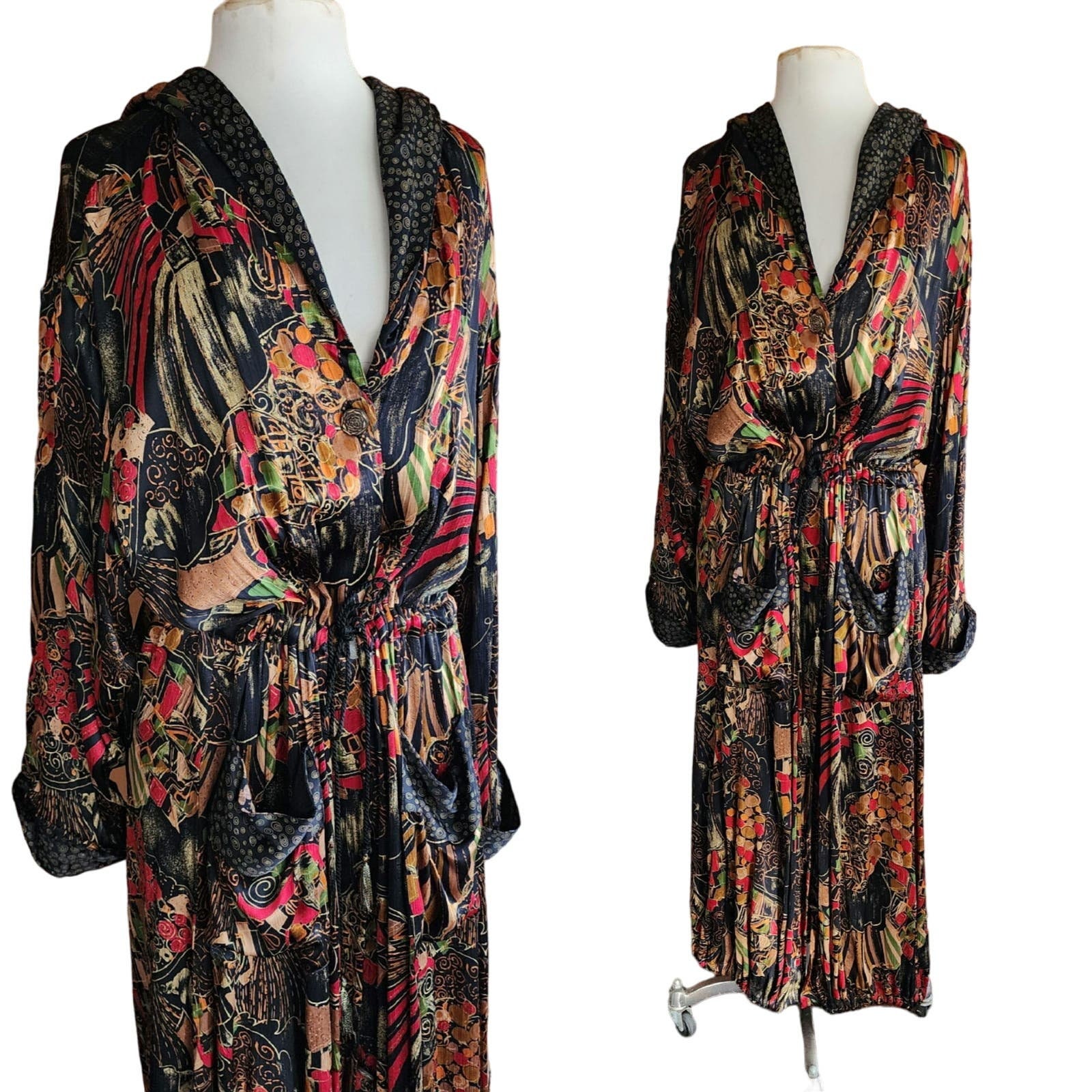 Vintage Aprons, Retro Aprons, Old Fashioned Aprons & Patterns Vintage 90S Multicolored Dress Coat Robe Lounger Hooded $120.00 AT vintagedancer.com