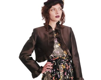Veste marron vintage, bordure à volants, laine et soie, blazer habillé pour soirée Frascara M