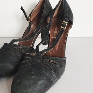 Vintage jaren '50 zwarte schoenen T-bandjes hoge hakken Joyce California maat 11 afbeelding 2