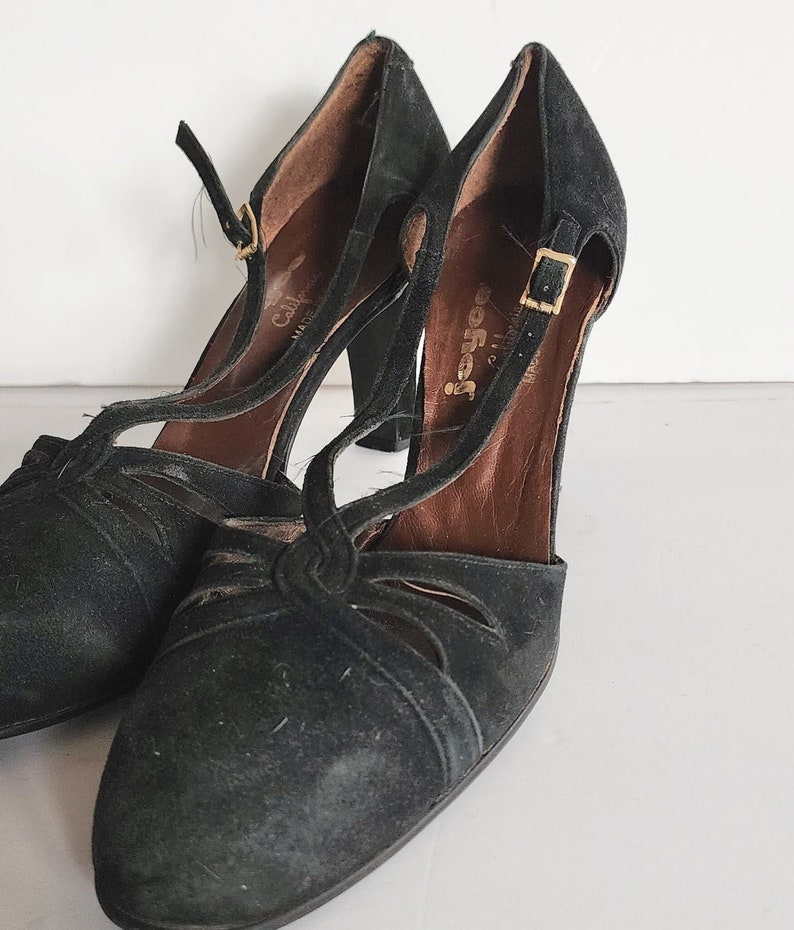 Vintage jaren '50 zwarte schoenen T-bandjes hoge hakken Joyce California maat 11 afbeelding 2