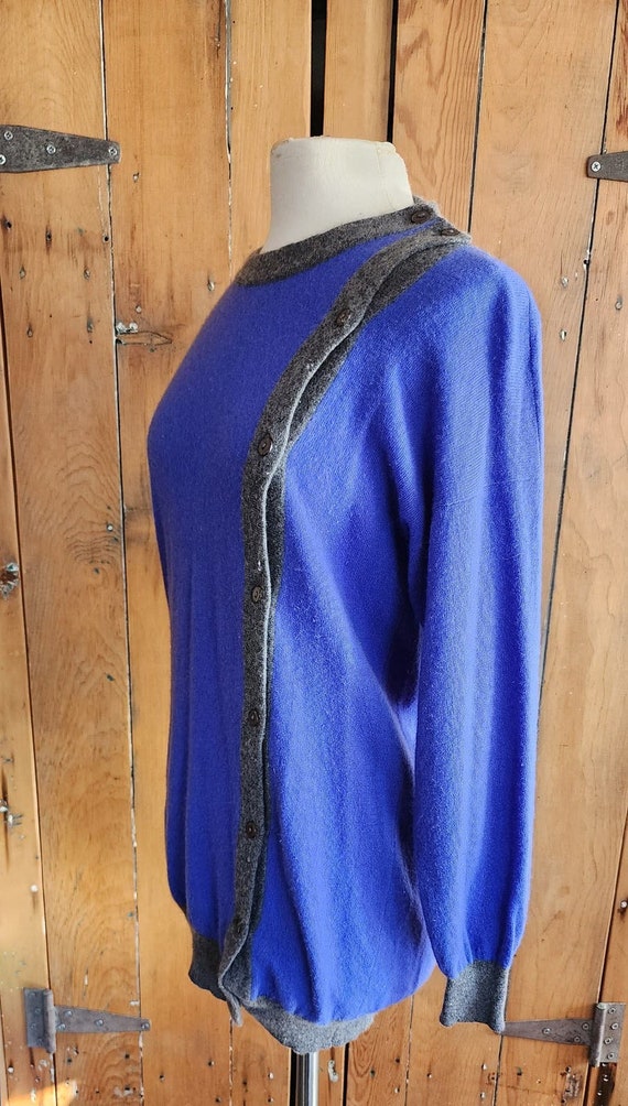 Vintage 80s Cashmere Pringle Sweater Blue Gray Hi… - image 3