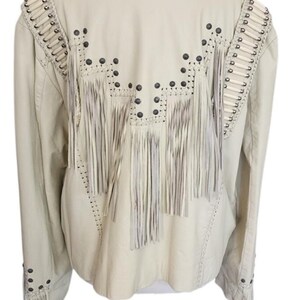 Vintage 80s White Leather Jacket SUNRIDERS Fringe, Studs & Bone Beads XXL image 2