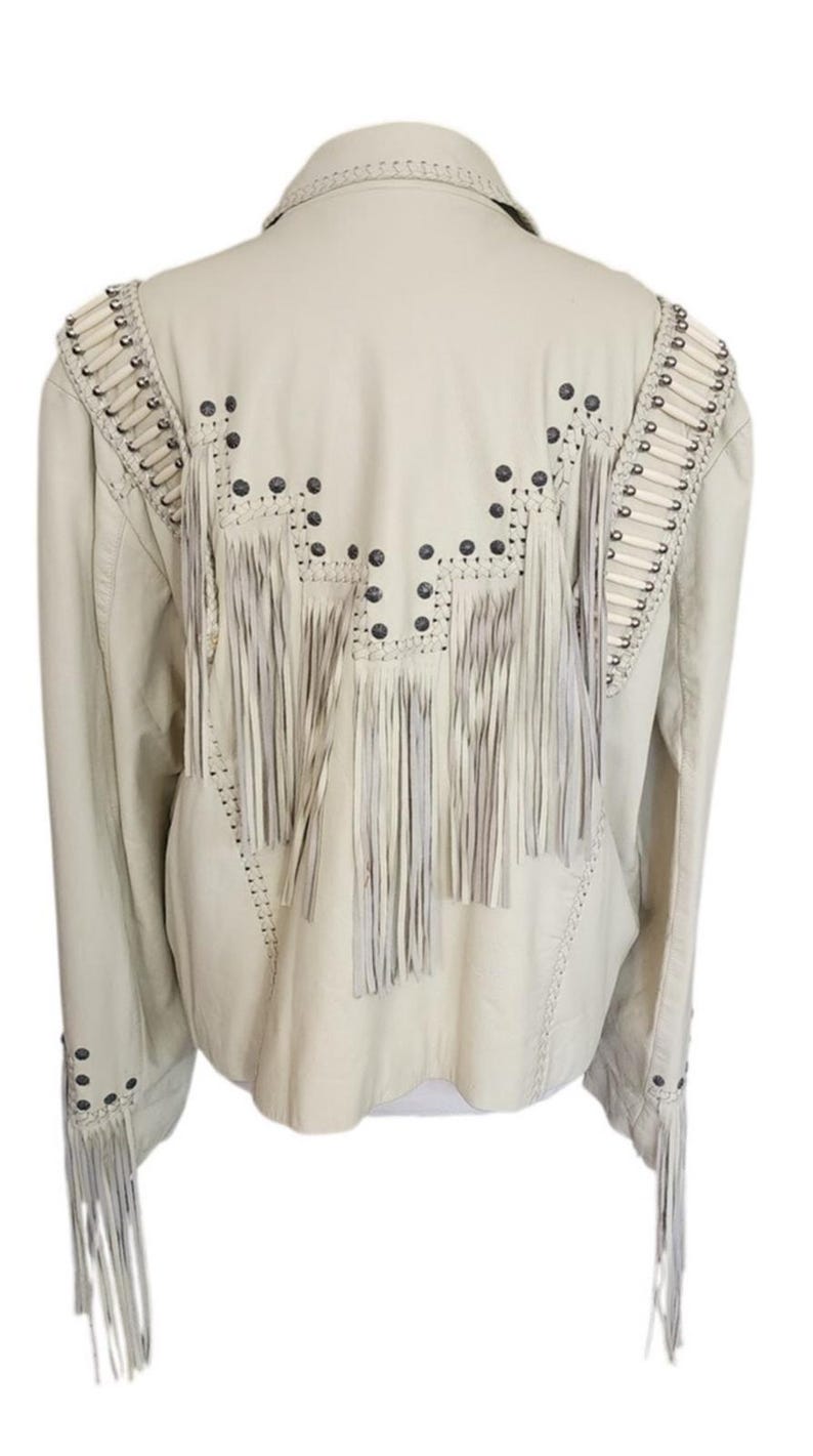 Vintage 80s White Leather Jacket SUNRIDERS Fringe, Studs & Bone Beads XXL image 2
