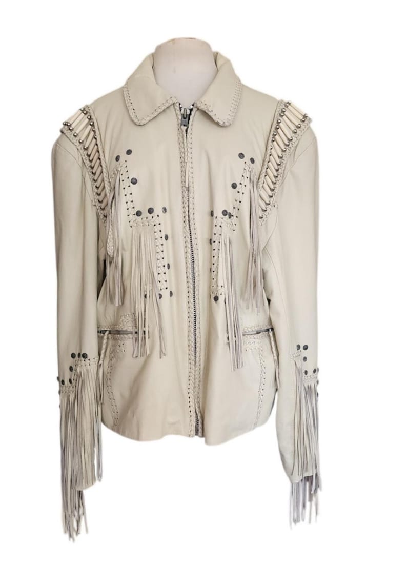 Vintage 80s White Leather Jacket SUNRIDERS Fringe, Studs & Bone Beads XXL image 1